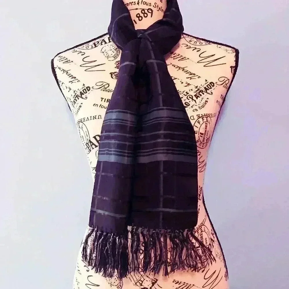 Vintage Navy Plaid Silky Tailored Scarf